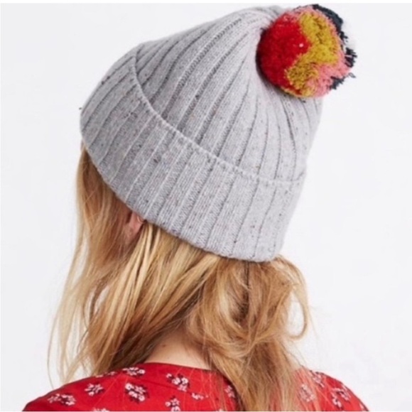 MADEWELL | Flecked Grey Cuffed Beanie Ski Cap Multi-Color Colorful Pop Pom Hat - Picture 1 of 4